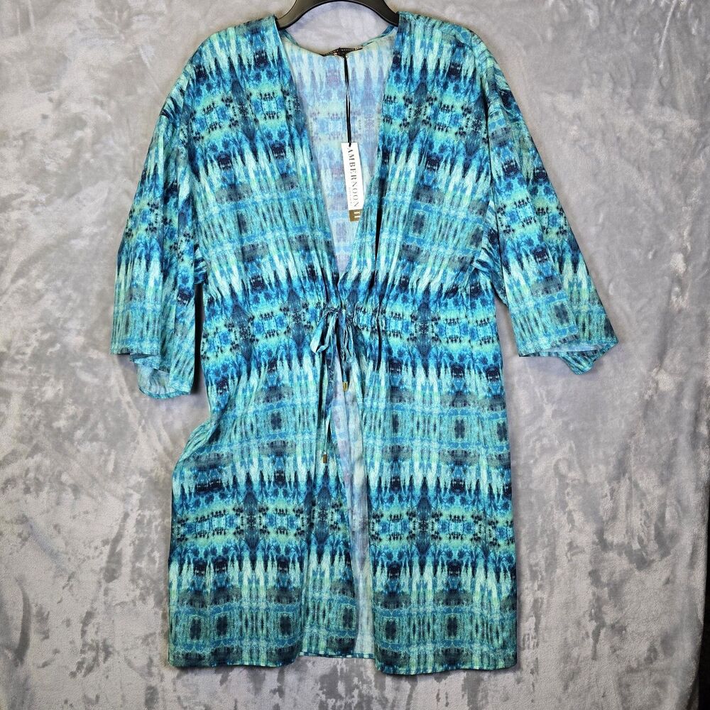 NWT Ambernoon Cardigan Swim Coverup Womens L Blue Green Tie Front UV Protection